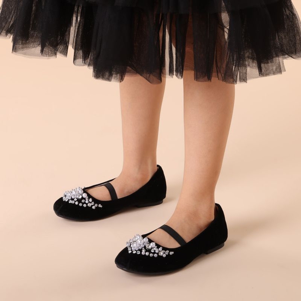 Girl's Mary Jane Pearl Ballerina Flats - BLACK SUEDE - 1